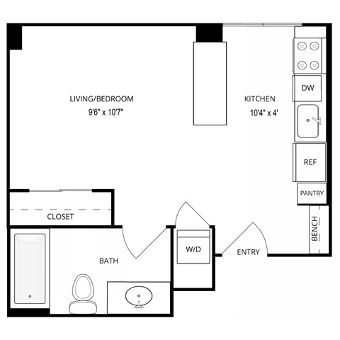 Floor plan for studio, 1 bath, 394 sqft